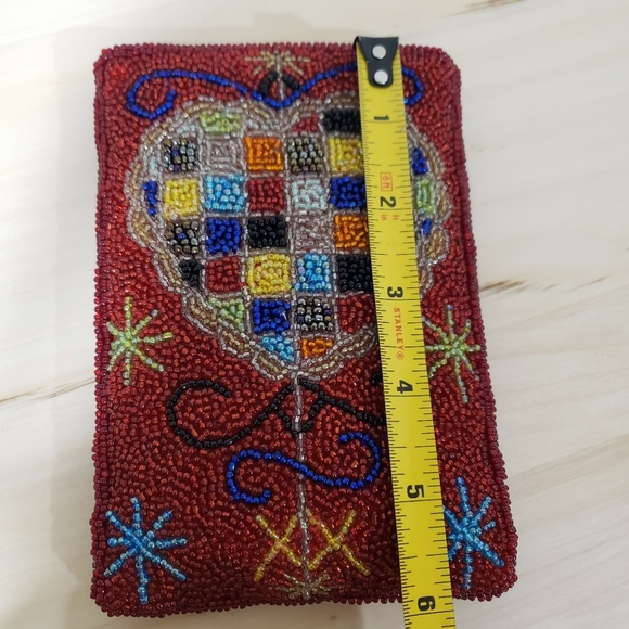 Beaded Heart Pattern Clutch Purse Bag Pouch Red Multicolor Beaded Boho Goth - Picture 10 of 11
